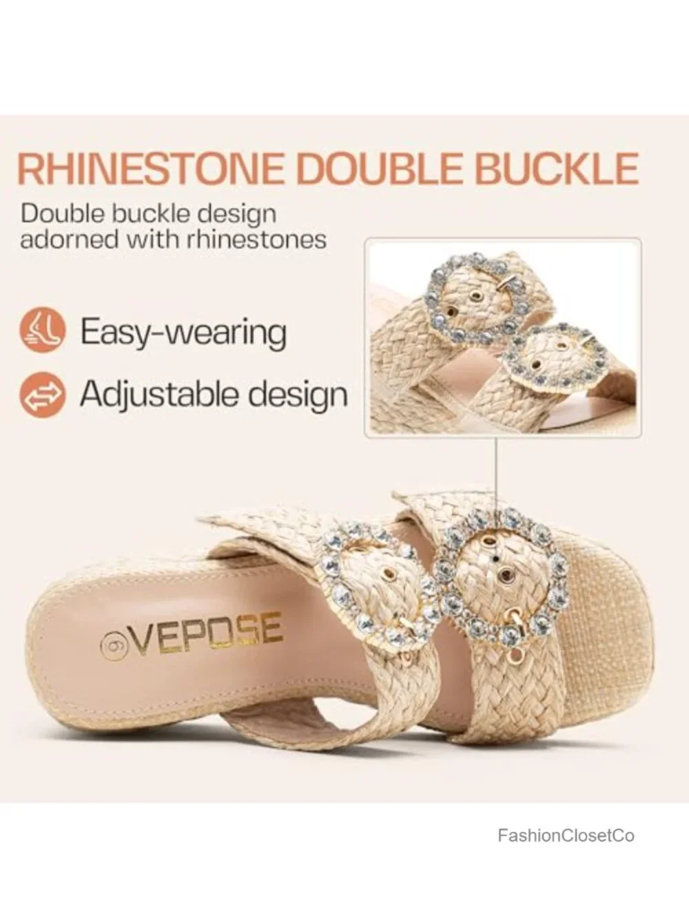 Woven Raffia Platform Wedge Sandals Espadrille Heels Square Open Toe Rhinestone